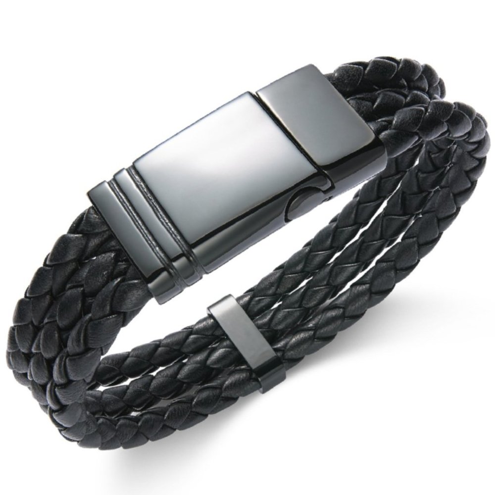 Sutton Men's Black Leather Bracelet Stainless Stee